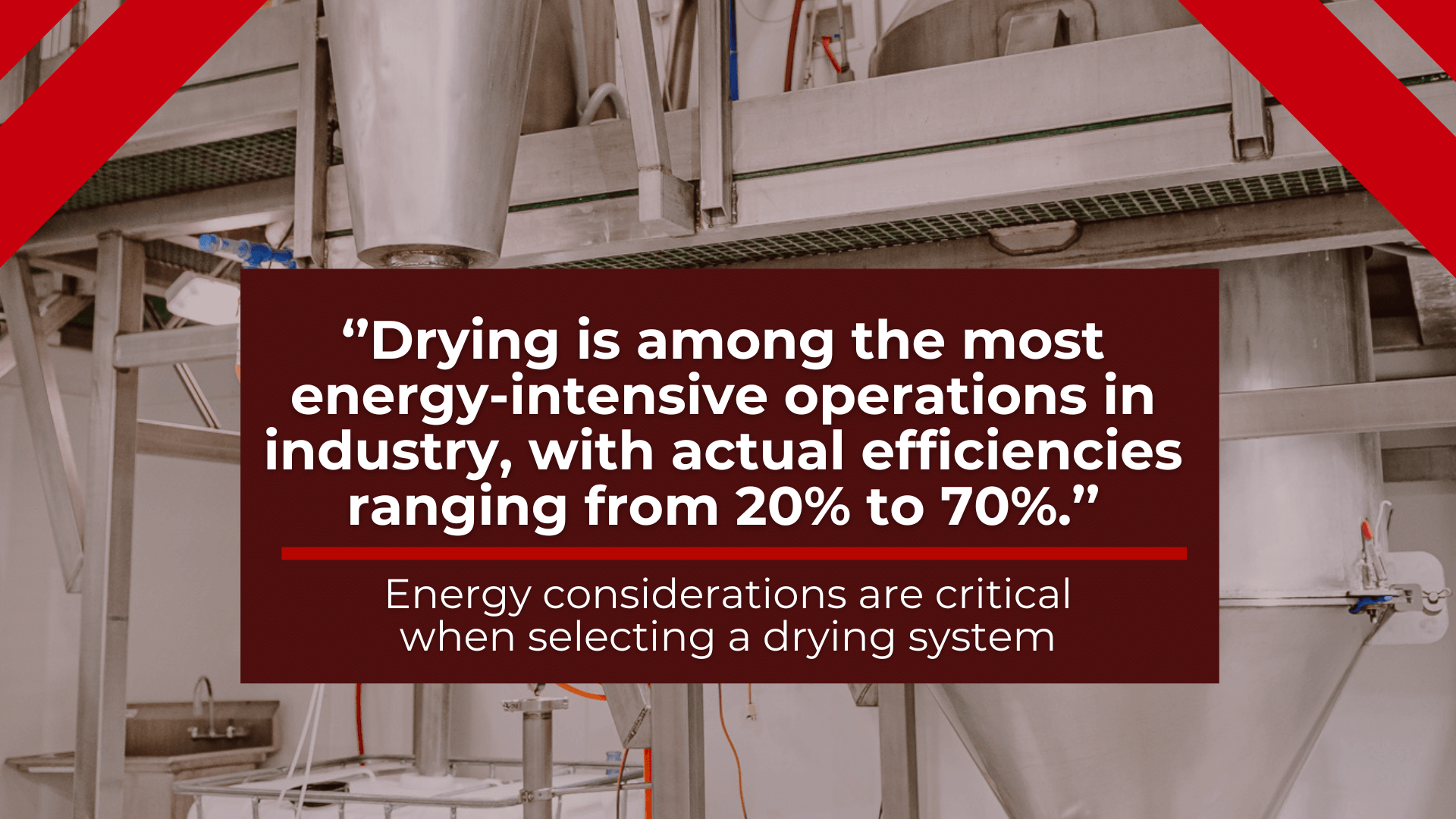 Quote graphic over stainless steel processing equipment that reads: ‘Drying is among the most energy-intensive operations in industry, with actual efficiencies ranging from 20% to 70%.’ Text below emphasizes that energy considerations are critical when selecting a drying system.